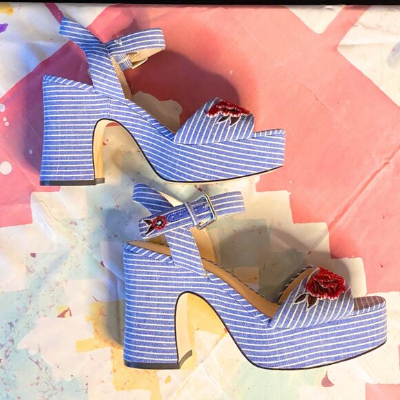 Nine West Blue & White Pinstripe Platform Heels - Picture 1 of 10